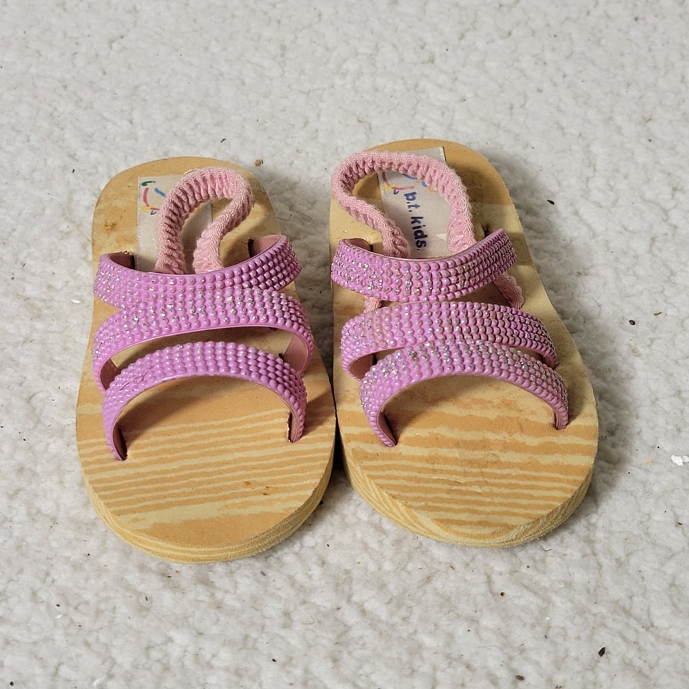 P.T. Kids Girls Pink Rhinestone Slide Sandals Wood Look‎ Sole Toddler Size 6/7